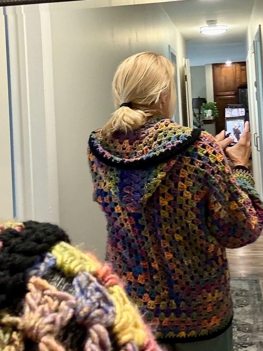 Handmade Multicolor Crochet Hooded Hexagon Cardigan with Black Trim - Picture 7 of 7